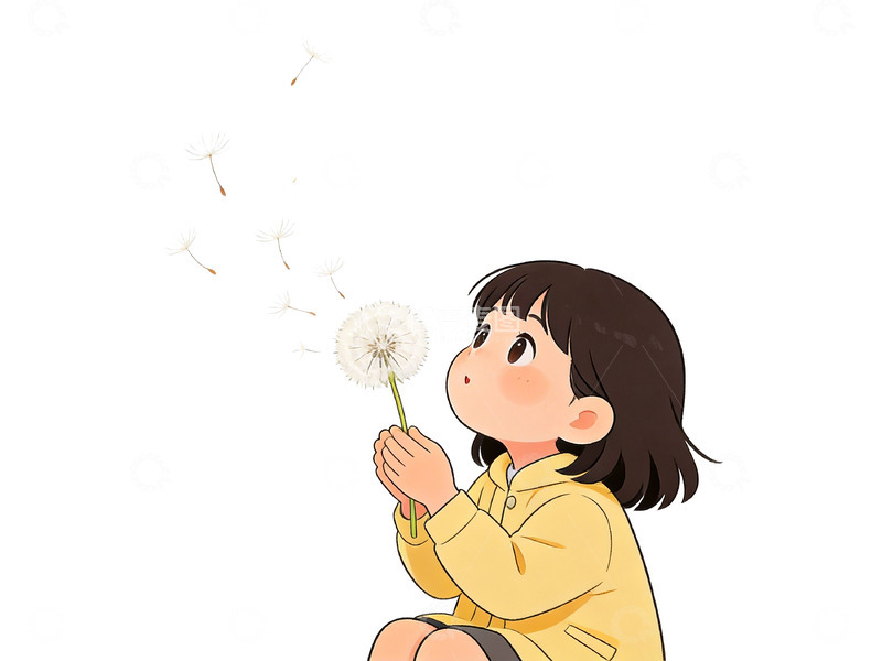 高清大图下载【趣麦麦图】卡通女孩吹蒲公英插画
