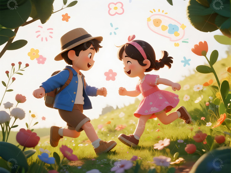高清大图下载【趣麦麦图】童趣花园奔跑插画