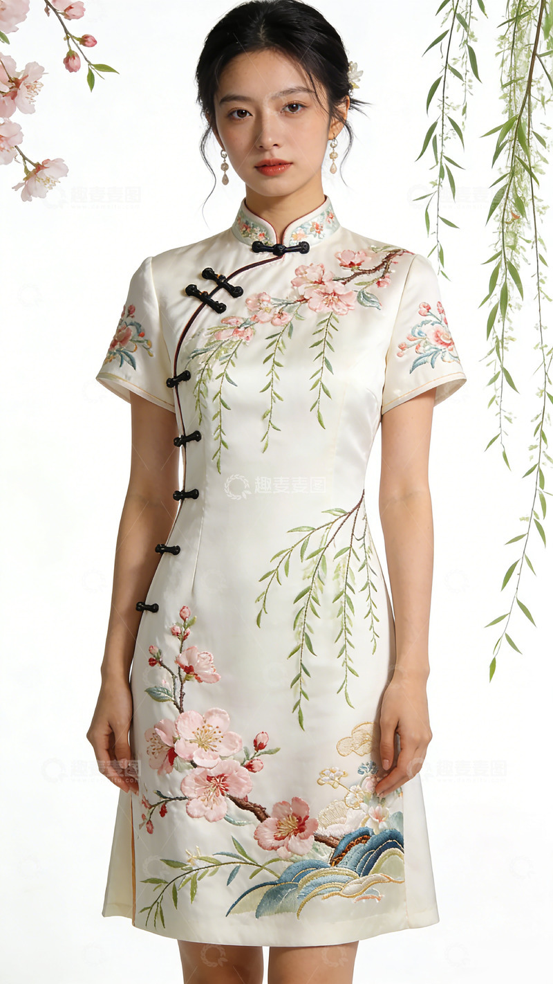 高清大图下载【趣麦麦图】文创产品旗袍美女花卉刺绣传统服饰