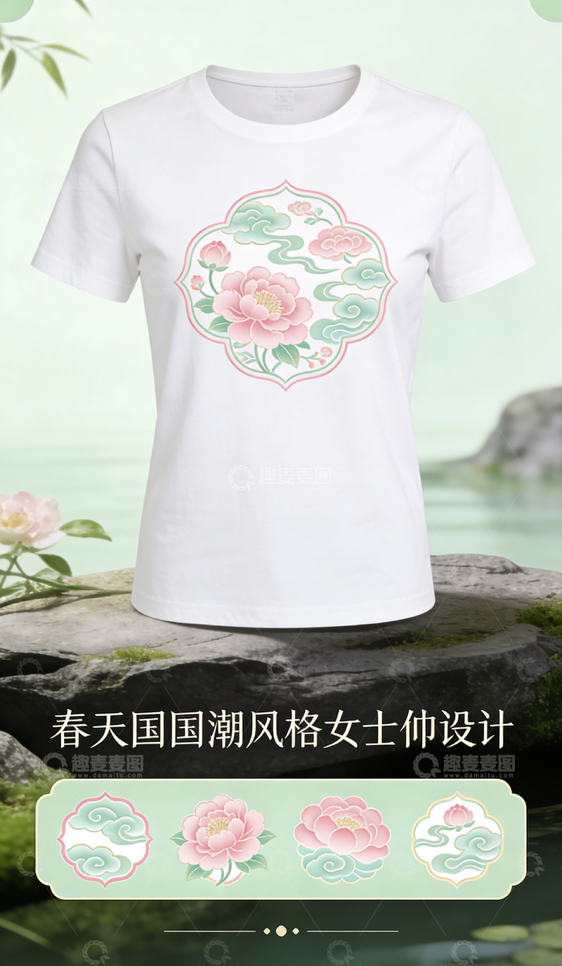 高清大图下载【趣麦麦图】文创产品春天国国潮风格女士T恤设计