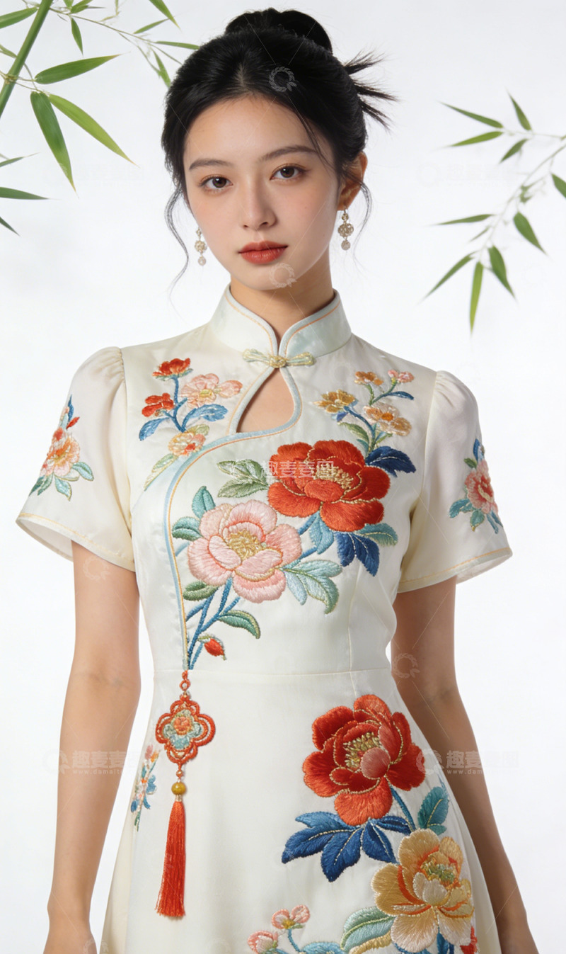 高清大图下载【趣麦麦图】文创产品旗袍美女刺绣花朵传统服饰