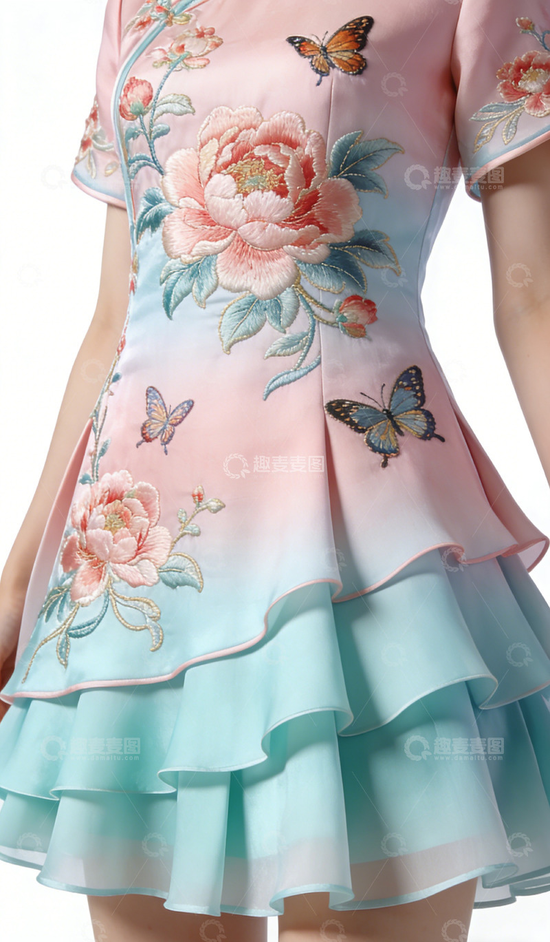 高清大图下载【趣麦麦图】文创产品粉色旗袍花朵蝴蝶连衣裙