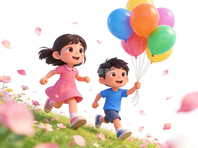 高清大图下载【趣麦麦图】卡通欢乐童年奔跑场景插画