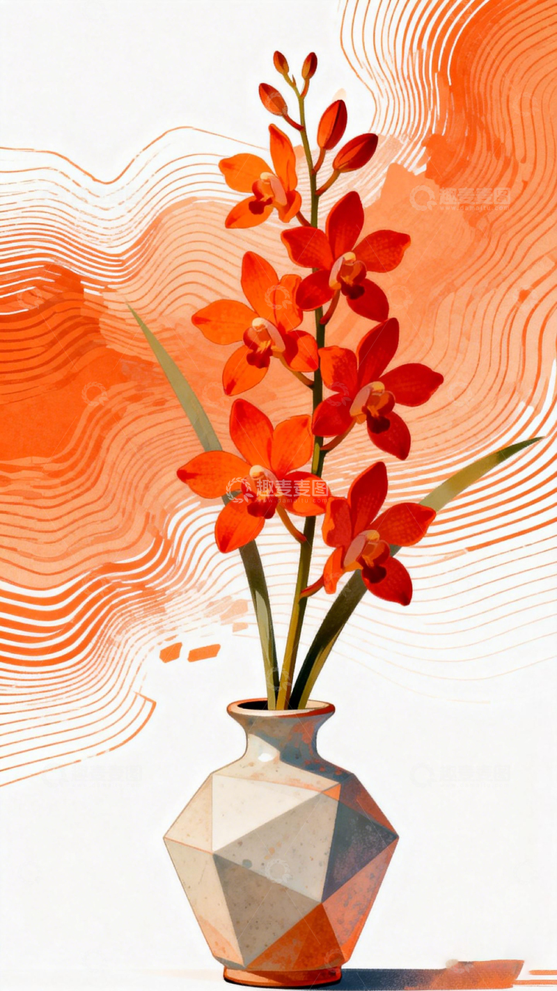 高清大图下载【趣麦麦图】几何花瓶兰花艺术插画