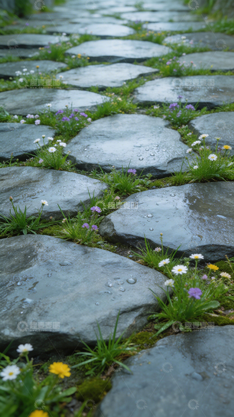 高清大图下载【趣麦麦图】石板路野花风景