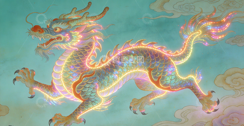 高清大图下载【趣麦麦图】彩绘中国龙神兽插画装饰画