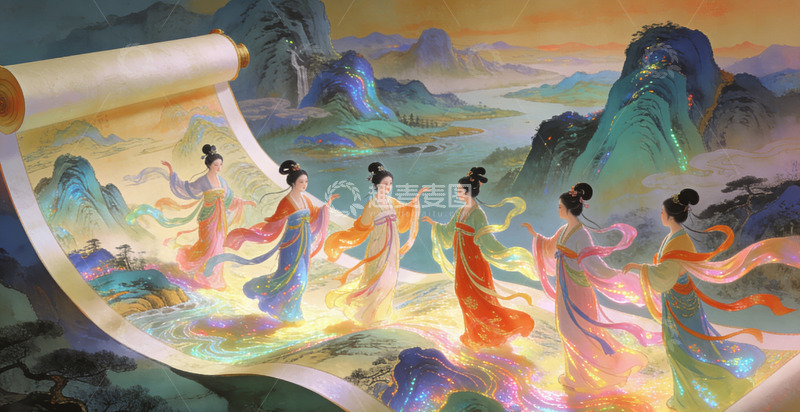 高清大图下载【趣麦麦图】古风仙女山水画卷轴装饰画