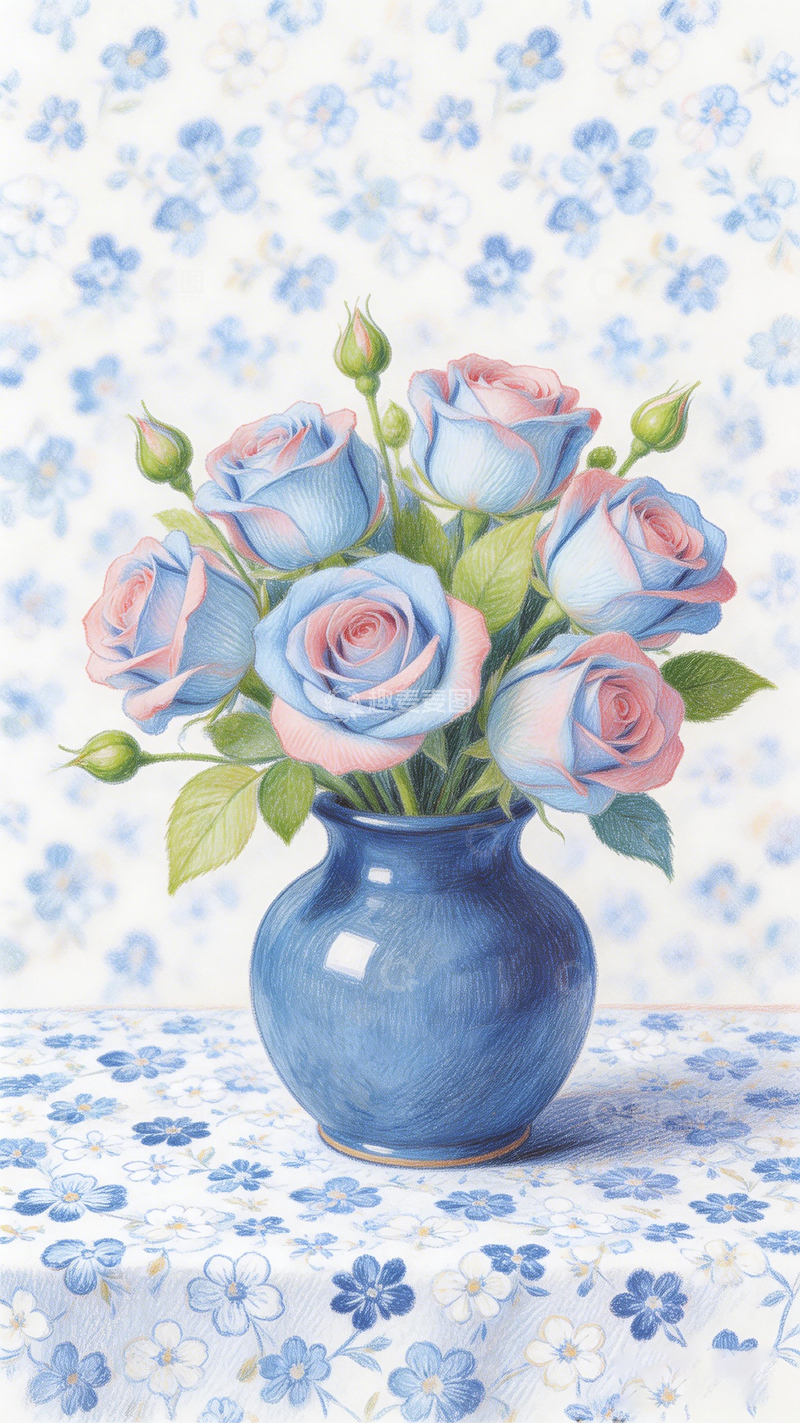 高清大图下载【趣麦麦图】蓝花瓶粉色玫瑰花卉画