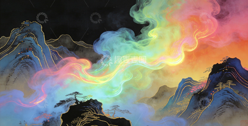 高清大图下载【趣麦麦图】幻彩山峦水墨画装饰画