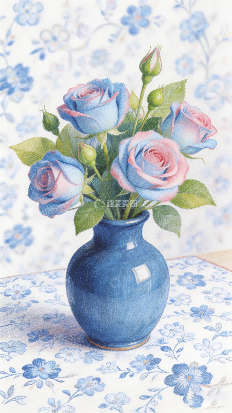 高清大图下载【趣麦麦图】水彩蓝玫瑰花瓶装饰画