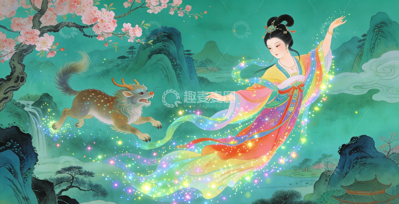 高清大图下载【趣麦麦图】古风仙女鹿相伴山水画装饰画