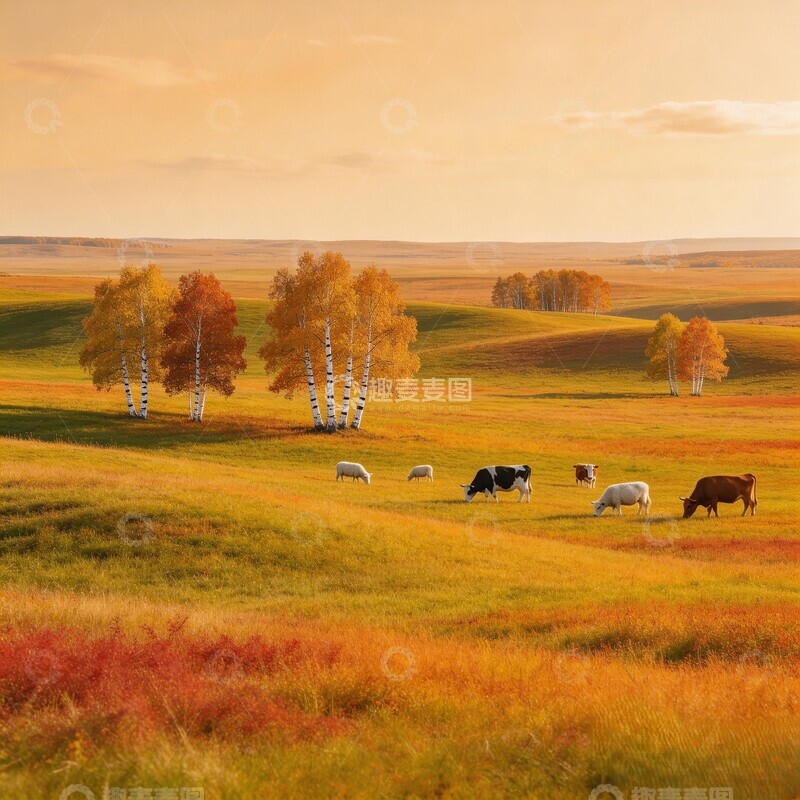 高清大图下载【趣麦麦图】秋日草原牛群风光