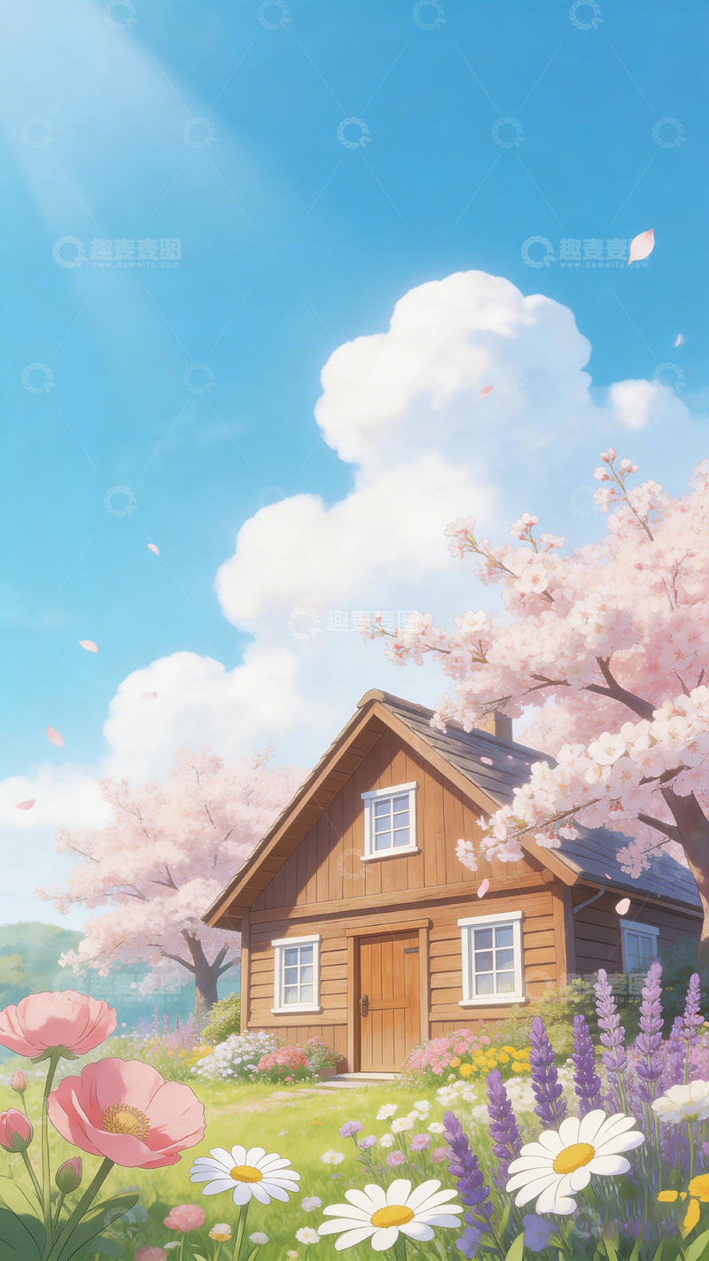 高清大图下载【趣麦麦图】春日田园木屋风光插画1