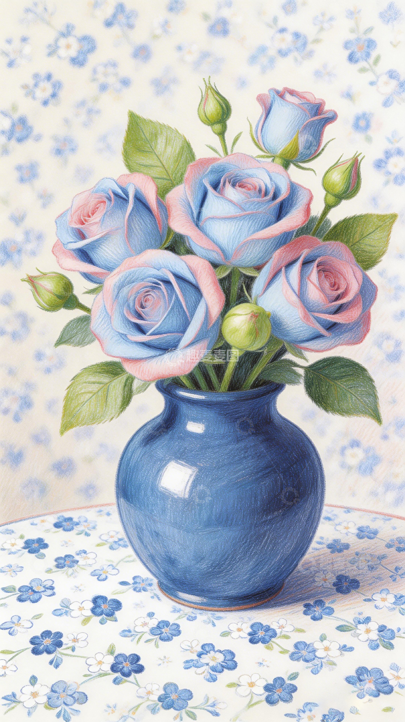 高清大图下载【趣麦麦图】蓝色花瓶玫瑰静物画