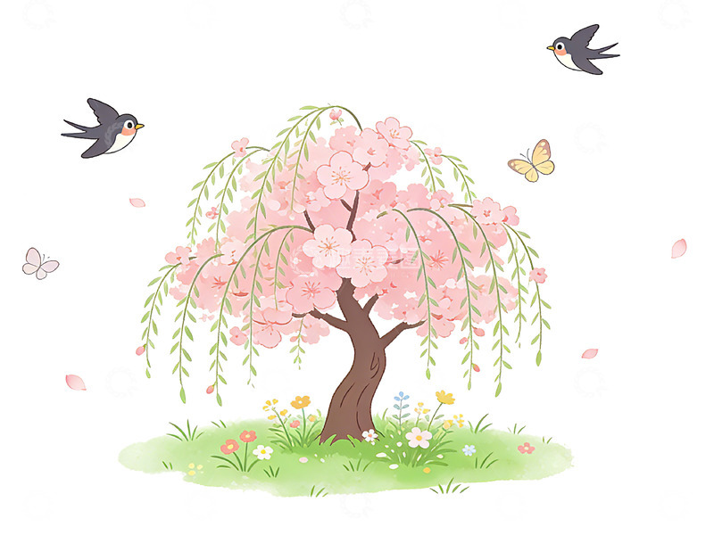 高清大图下载【趣麦麦图】春日樱花飞舞插画