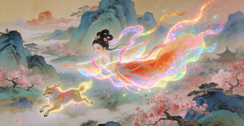 高清大图下载【趣麦麦图】古风仙女飞天山水画意境装饰画