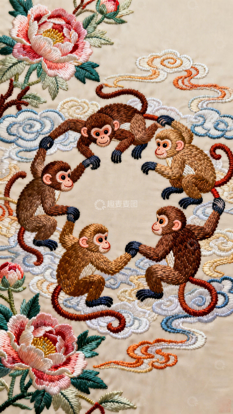高清大图下载【趣麦麦图】刺绣风格猴子祥云图案设计
