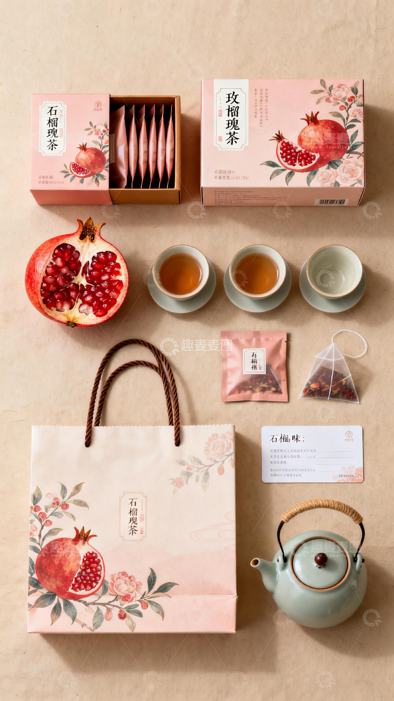 高清大图下载【趣麦麦图】淡雅石榴茶礼品套装展示