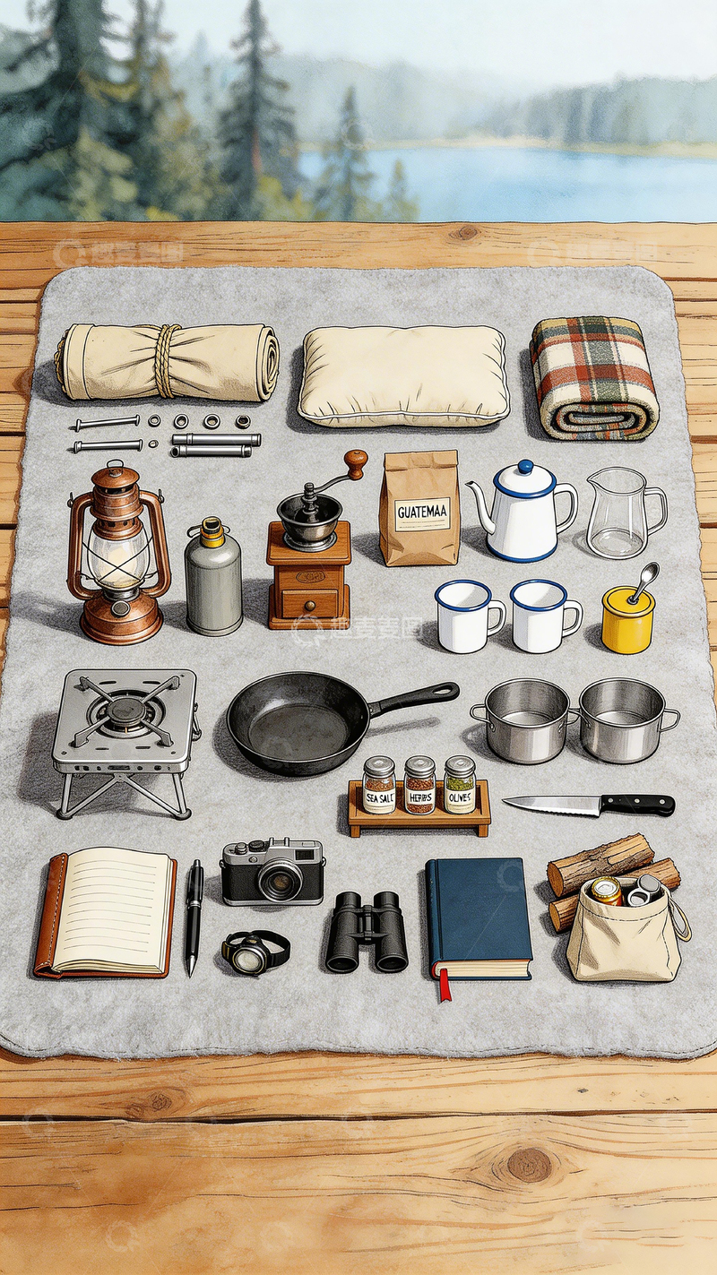 高清大图下载【趣麦麦图】户外露营装备插画设计素材