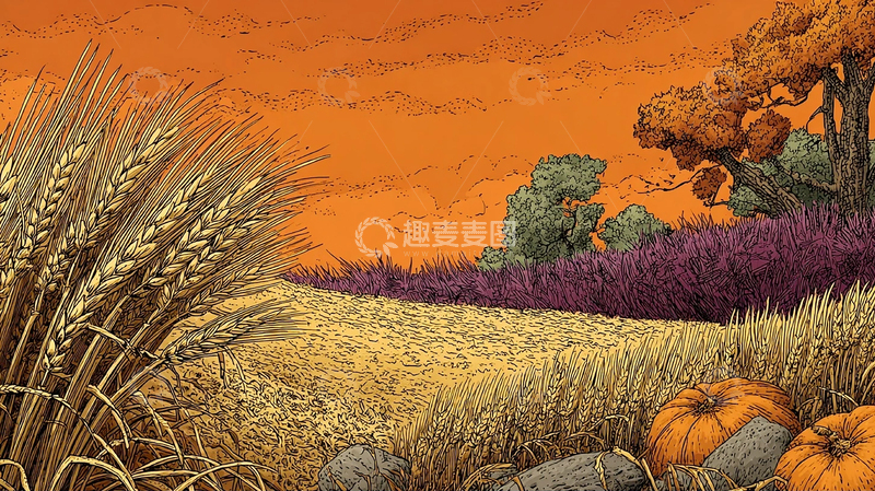 高清大图下载【趣麦麦图】金秋麦田夕阳映衬