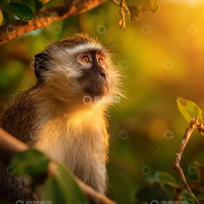 高清大图下载【趣麦麦图】夕阳映照下的孤独灵猴
