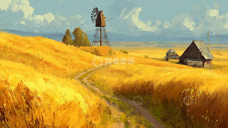 高清大图下载【趣麦麦图】乡村小路与秋日丰收景象