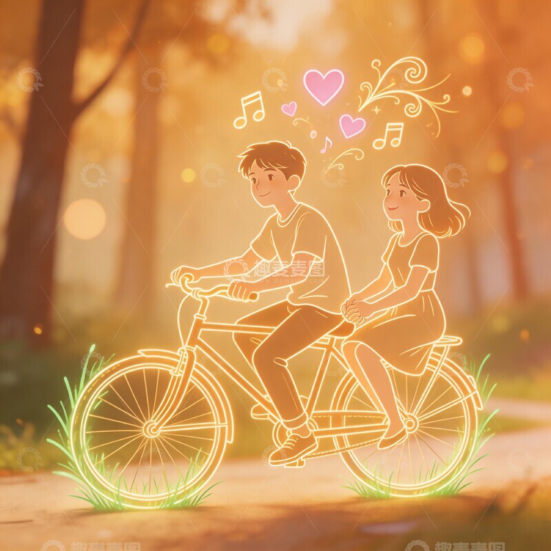 高清大图下载【趣麦麦图】浪漫骑行情侣插画