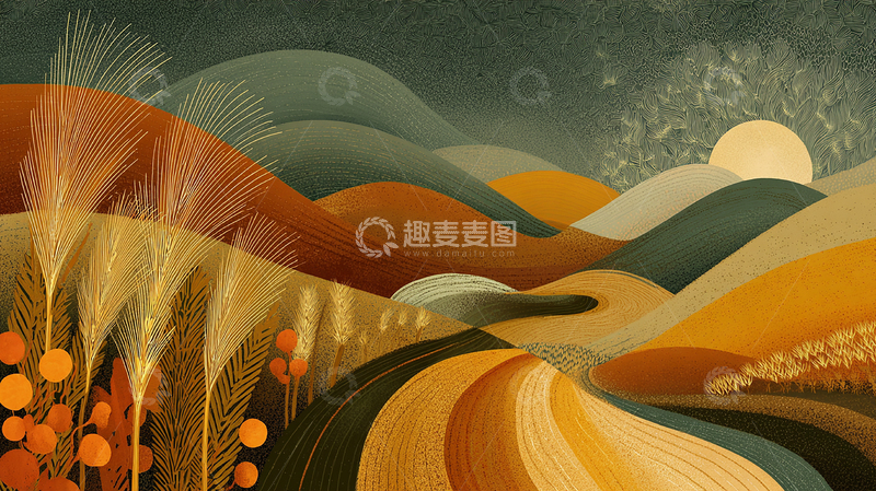 高清大图下载【趣麦麦图】金色麦田晚霞映照