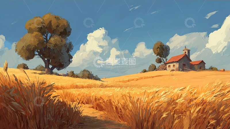 高清大图下载【趣麦麦图】金色麦田与孤独小屋