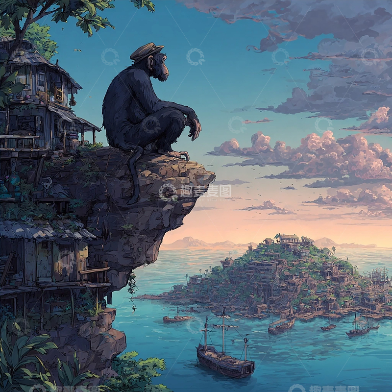 高清大图下载【趣麦麦图】猿猴深思：悬崖之上的孤独守望者