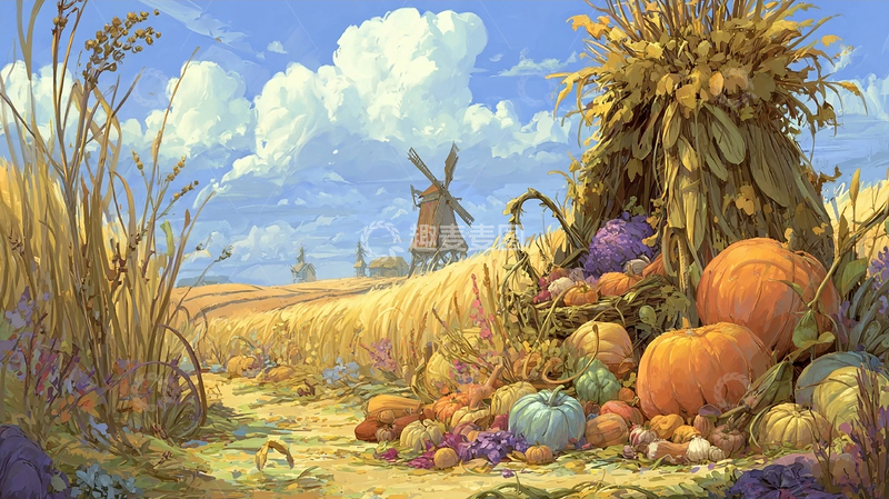 高清大图下载【趣麦麦图】秋日金色麦浪与南瓜盛宴