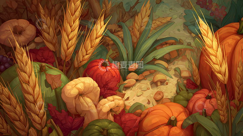 高清大图下载【趣麦麦图】丰收季节的南瓜与稻穗