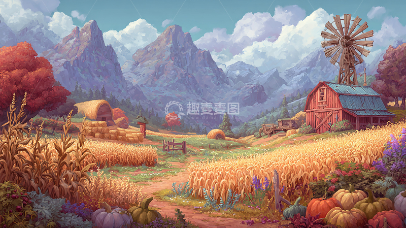 高清大图下载【趣麦麦图】金色麦田与古老风车