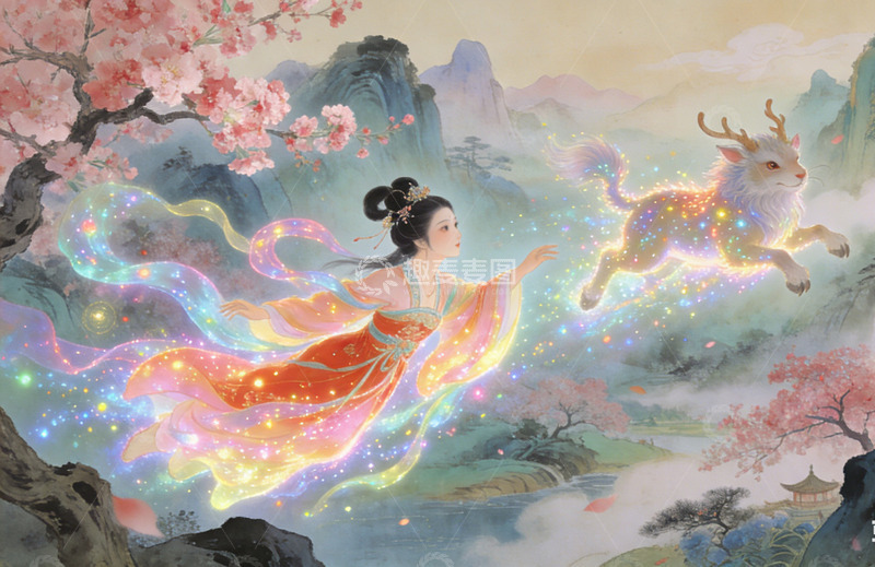 高清大图下载【趣麦麦图】古风仙女鹿相伴仙境图装饰画