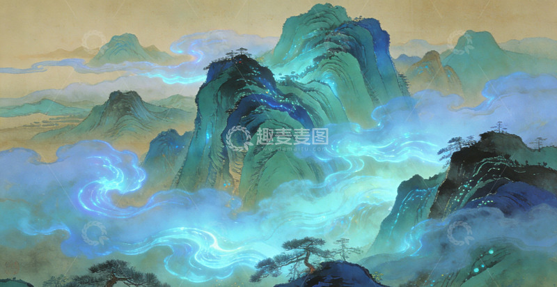 高清大图下载【趣麦麦图】古风山水画仙境意境插画装饰画