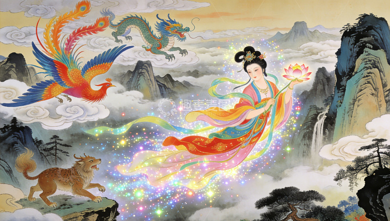 高清大图下载【趣麦麦图】神话风格仙女凤凰山水画装饰画