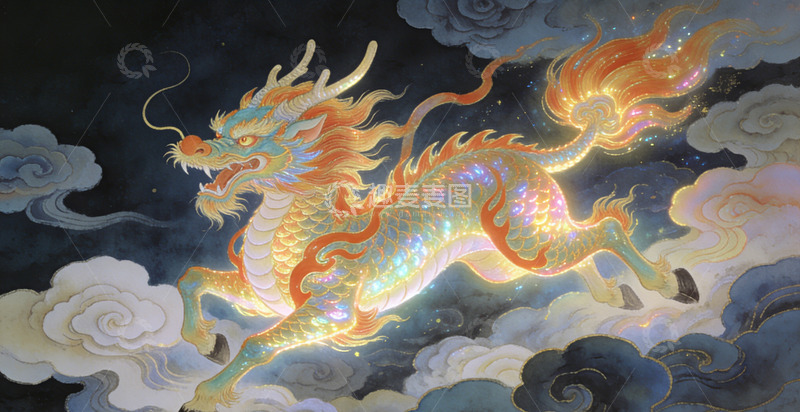 高清大图下载【趣麦麦图】中国龙腾云驾雾插画装饰画