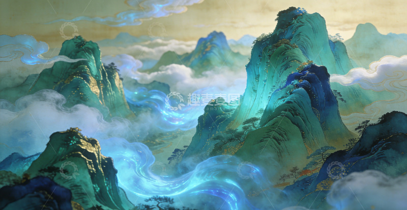 高清大图下载【趣麦麦图】仙境山水画古风艺术插画装饰画