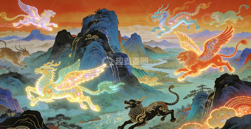 高清大图下载【趣麦麦图】东方神话神兽山水画装饰画