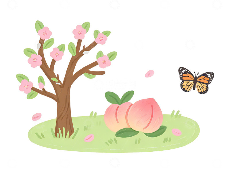 高清大图下载【趣麦麦图】卡通风格春天桃子树插画素材