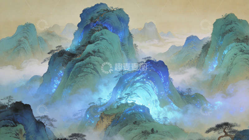 高清大图下载【趣麦麦图】古风山水画云雾缭绕山峦装饰画