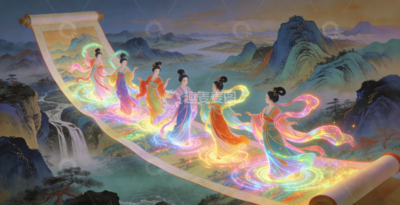 高清大图下载【趣麦麦图】-古风仙女画卷山水画装饰画