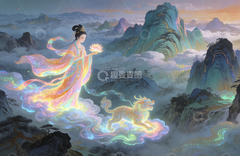 高清大图下载【趣麦麦图】古风仙女山间漫步插画装饰画