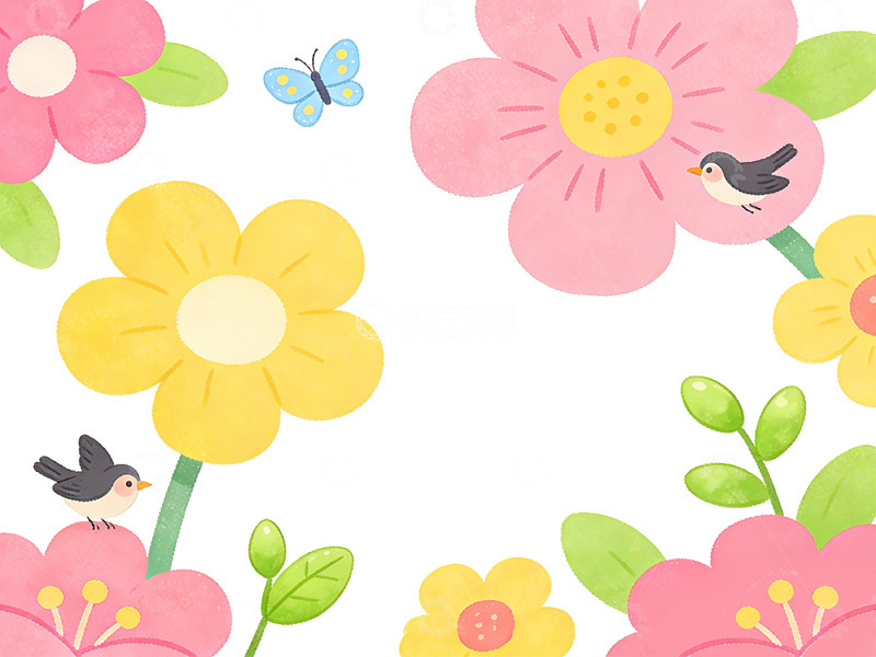 高清大图下载【趣麦麦图】卡通风花朵小鸟装饰画