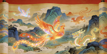 古风神鸟龙凤画卷装饰画