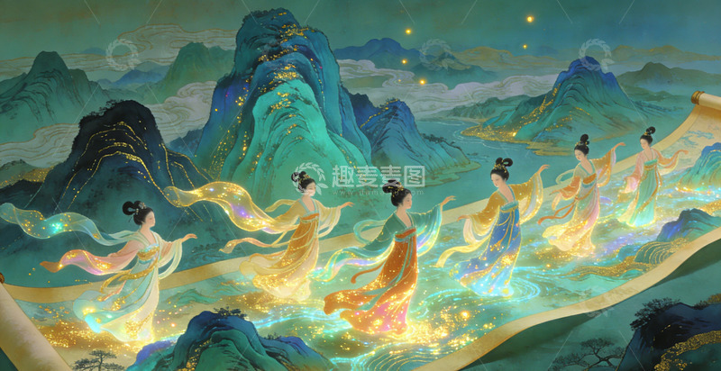 高清大图下载【趣麦麦图】古风仙女山水画意境艺术插画装饰画