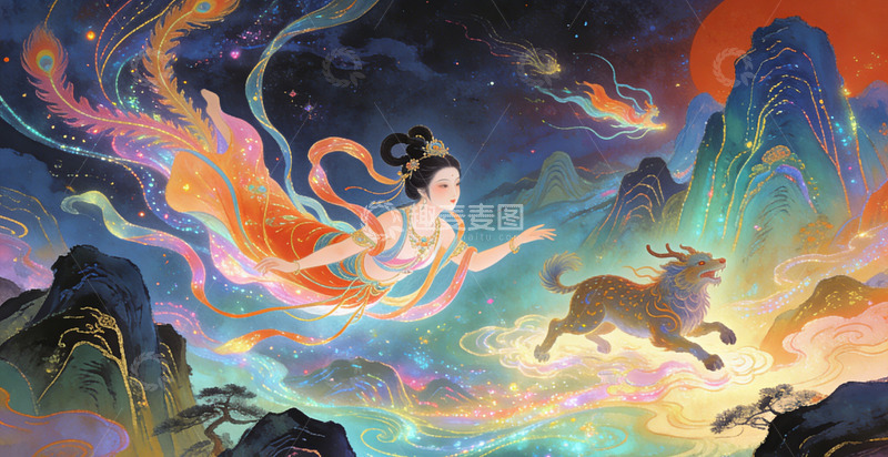 高清大图下载【趣麦麦图】古风仙女骑神兽飞翔山水画装饰画