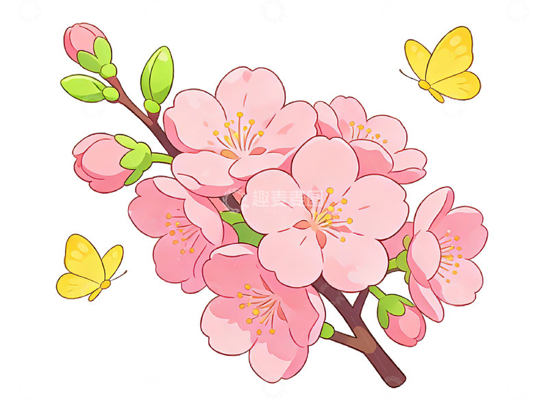 高清大图下载【趣麦麦图】春天樱花蝴蝶插画