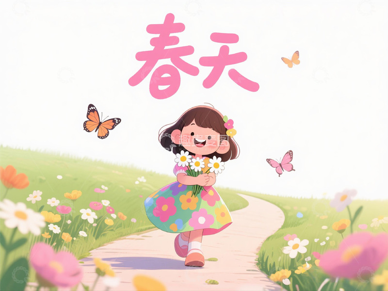 高清大图下载【趣麦麦图】春日小女孩花束插画