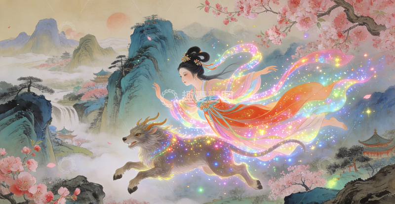 高清大图下载【趣麦麦图】古风仙女骑鹿山水画装饰画